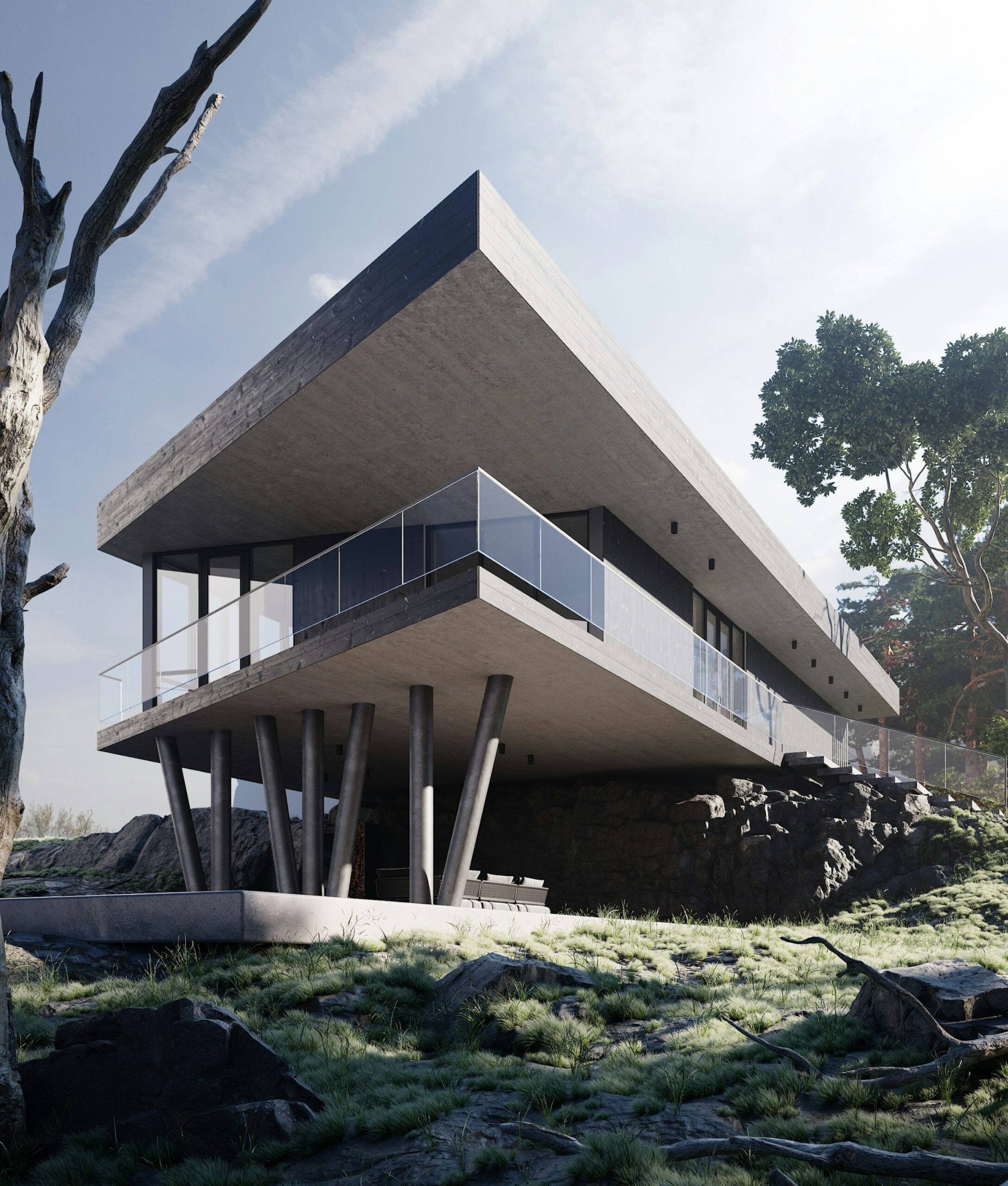 Cantilevered concrete and glass house raised above a rocky, planted slope