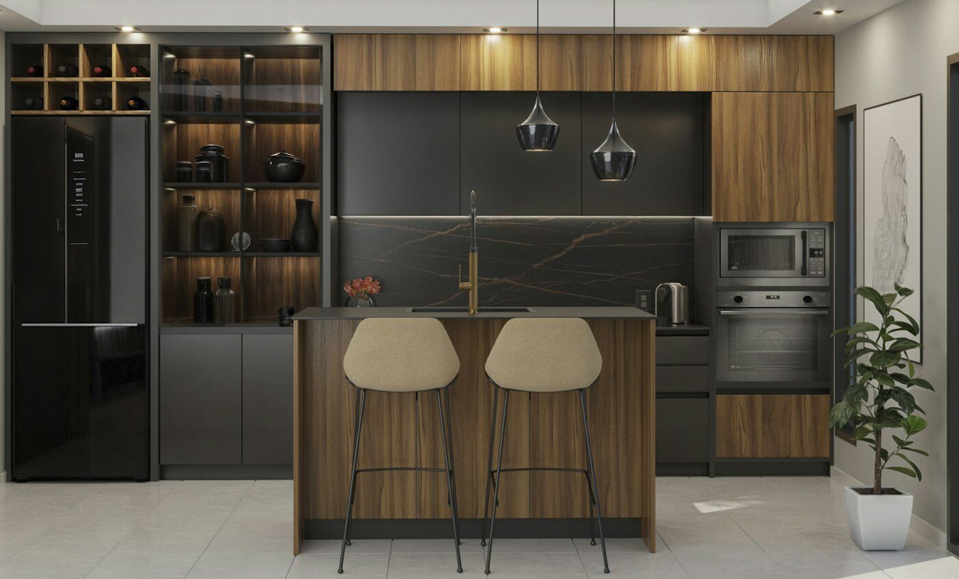 Kitchen with a stone island and bar stools
