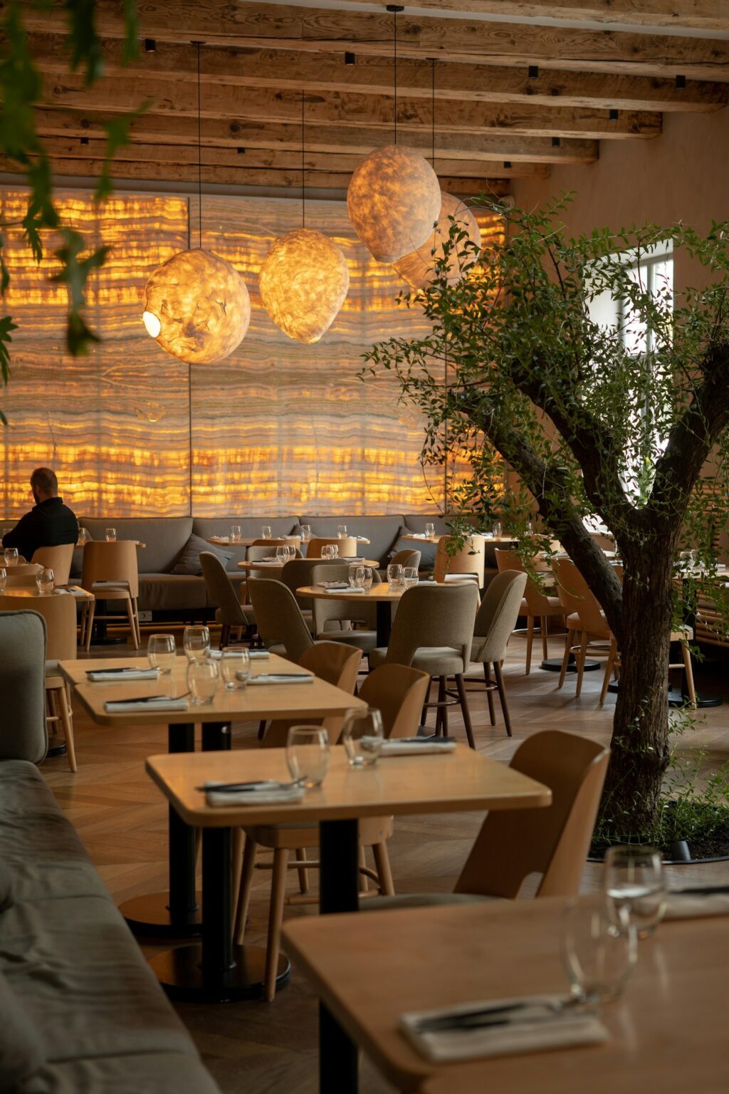 Restaurant seating around an indoor tree