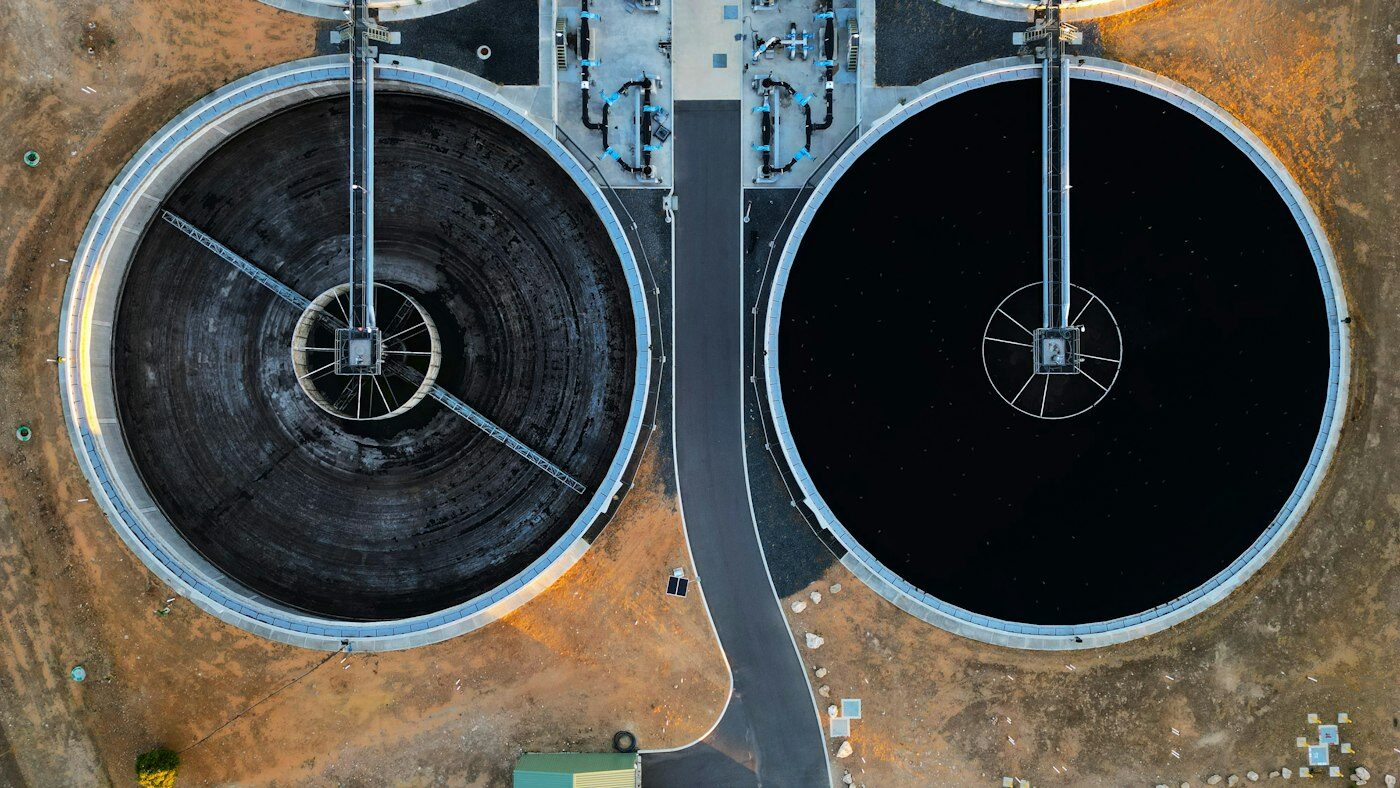 Aerial view of circular treatment tanks